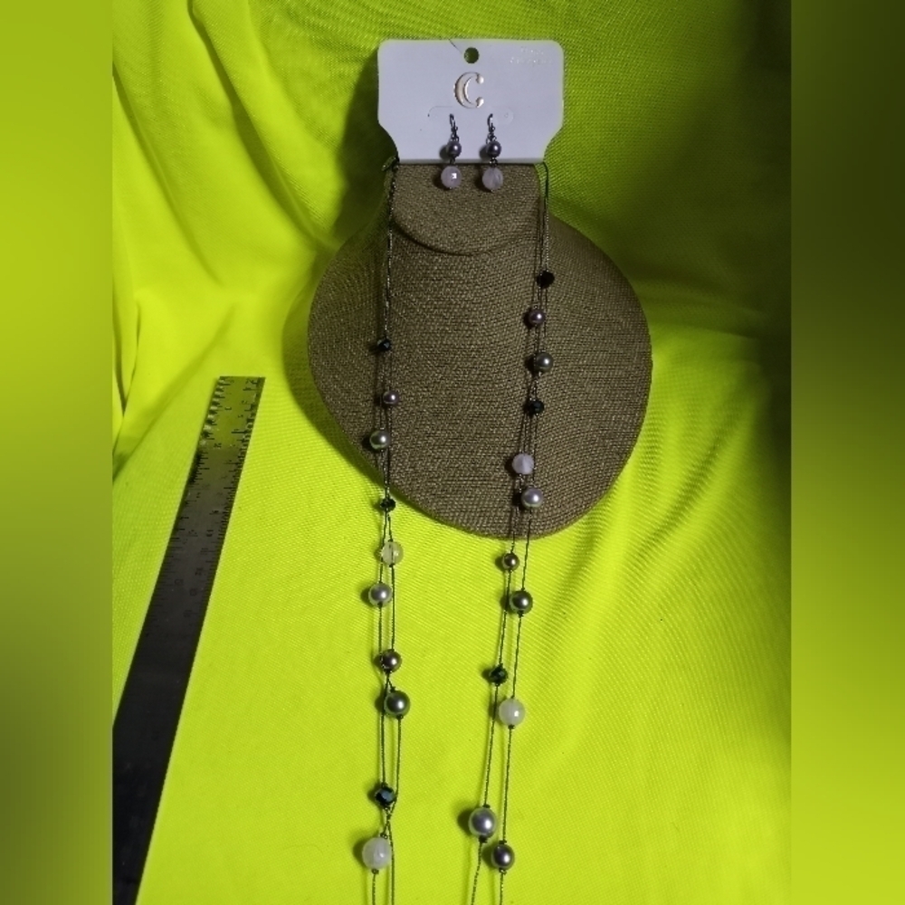 Long charming Charlie purple grey beaded chain necklace Earring set